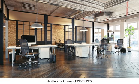 modernes Bürodesign. Loft Concept 3d Rendering