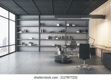 Modern Office Interior With Desk, Chair, And Bookcase. Design And Workplace Concept. 3D Rendering