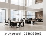 Modern office interior with desks and computers, minimalist style, on a bright cityview background, concept of productivity. 3D Rendering