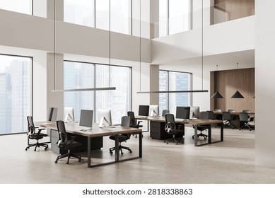 Modern office interior with desks and computers, minimalist style, on a bright cityview background, concept of productivity. 3D Rendering