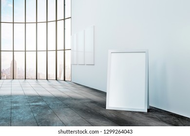 Modern Office Interior With Empty Billboard On Wall And New York City View. Mock Up, 3D Rendering 