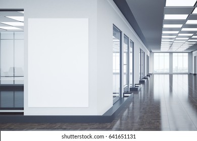 Modern Office Interior With Empty Billboard And City View. Mock Up, 3D Rendering