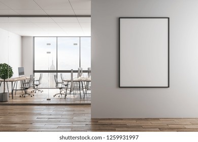 Modern Office Interior With Empty Frame On Wall, Furniture And City View. Mock Up, 3D Rendering 