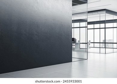 Modern office interior with empty wall and glass partitions, suitable for mockups and branding, on a light background with space for a logo or company name. 3D Rendering - Powered by Shutterstock