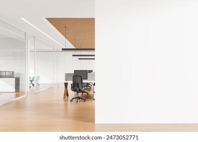 Modern office interior with empty white wall mockup, wooden floor and ceiling. Concept of workspace. 3D Rendering