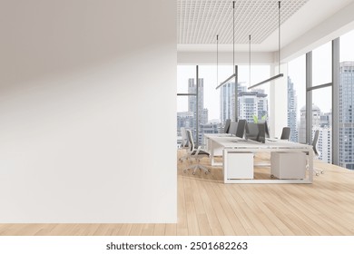 Modern office interior with an empty white wall on the left and desks with computers on the right, wooden floor, cityscape background, template for mockup. 3D Rendering - Powered by Shutterstock