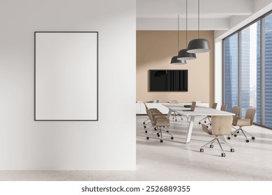 Modern office interior featuring a blank poster on a white wall. The room has a conference table, chairs, and large windows with a cityscape view. 3D Rendering