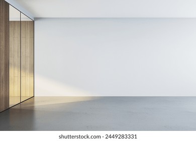 Modern office interior with a glass partition and wooden wall, empty space for mockups and branding, white and wood. 3D Rendering