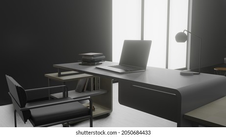 Modern Office Interior With Laptop, Lamp, Desk And Chair, 3D Render, Ultra HD