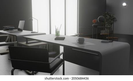 Modern Office Interior With Laptop, Lamp, Desk And Chair, 3D Render, Ultra HD