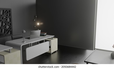 Modern Office Interior With Laptop, Lamp, Desk And Chair, 3D Render, Ultra HD