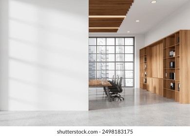 Modern office interior a large empty white wall for mockup, wooden bookshelves, a meeting table with chairs, cityscape background, concept of workspace layout and design inspiration. 3D Rendering. - Powered by Shutterstock