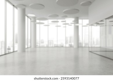 Modern office interior with large windows, circular ceiling design on white background. Concept of contemporary workspace. 3D Rendering