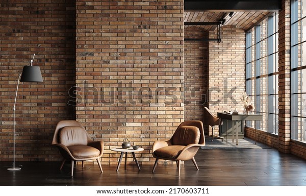 Modern office interior in loft, industrial style, 3d render