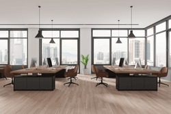 Modern Office Interior With Pc Computers On Desks And Brown Chairs, Hardwood Floor. Minimalist Workspace With Panoramic Window On Kuala Lumpur Skyscrapers. 3D Rendering