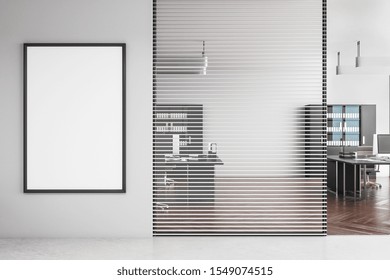 Modern Office Interior With Poster On Concrete Wall. Mock Up, 3D Rendering 