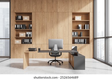 Modern office interior with a sleek desk, chair, computer, and shelves filled with files and boxes. Large windows. Concept of workspace. 3D Rendering - Powered by Shutterstock - Get 15% off with code: PIKWIZARD15