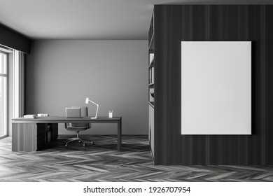 Modern Office Interior. White Poster On Wooden Wall. Mock Up. CEO Desk. City View, Panoramic Window. 3d Rendering.