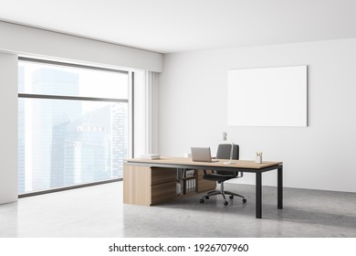 Modernes Büroinnere. Weißes Poster an der Wand. Geh nach oben. Geschäftsführer-Desk. Stadtblick, Panoramafenster. 3D-Darstellung.