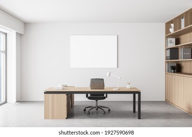 Modern Office Interior. White Poster On Wall. Mock Up. CEO Desk. City View, Panoramic Window. 3d Rendering.