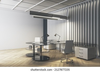 Modern Office Interior With Wooden Flooring, Desk, Chair, And Bookcase. Design And Workplace Concept. 3D Rendering