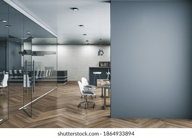 Modern Office Lobby Interior With Blank Gray Wall. Workplace And Company Concept. 3D Rendering