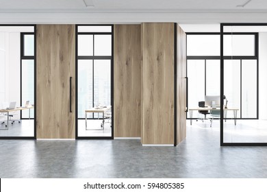 Modern Office Lobby Interior With A Meeting Room With Glass Walls. There Is A Wooden Door And A Wall Fragment. 3d Rendering, Mock Up