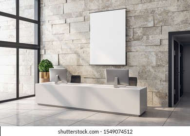 Modern Office Lobby Interior With Reception Desk, Computers, Shadows, City View, Daylight And Empty Poster On Stone Wall. Mock Up, 3D Rendering 