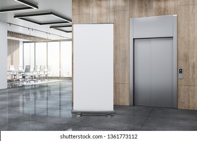 Modern Office Lobby With Lift, Empty White Poster On Wooden Wall And Panoramic City View. Mock Up, 3D Rendering