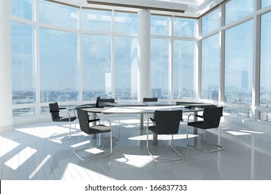 Modern office with many windows and city landscape