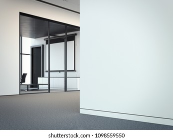 Modern Office Meeting Room With Transparent Glass Walls, Dark Chairs, Grey Floor, Outside View, 3d Rendering