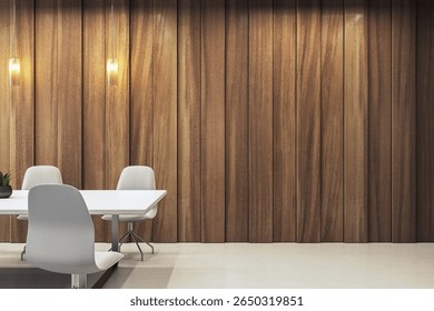 Modern office meeting room with white desk, chairs, decorative wooden panel wall, pendant lighting, and blank space for logo or poster. 3D Rendering