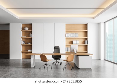 A modern office with minimalist design, featuring wooden shelves, white walls, and large windows. Bright and open workspace. 3D Rendering - Powered by Shutterstock