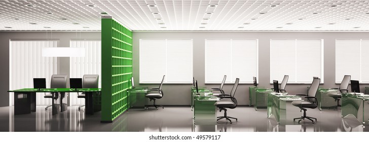 Modern Office Panorama With Computers Interior 3d Render