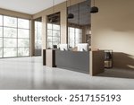 Modern office reception area with large windows, featuring a sleek desk and minimalist decor. Spacious and bright interior with natural light. Concept of contemporary workspace. 3D Rendering