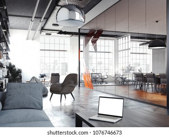 Modern Office Room For Rest With Transparent Glass Walls, Dark Table And Laptop Above, Dark Chairs And And Black Book Rack, 3d Rendering