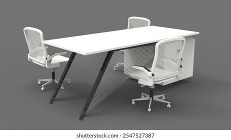 Modern office setup featuring a spacious desk, ergonomic chair, and efficient storage solutions for a productive work environment.