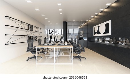 Modern office space with sleek design and technology. 3d render. 3D Illustration - Powered by Shutterstock