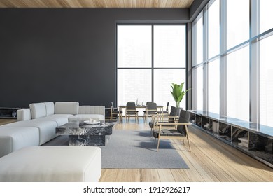 Modern Office Waiting Area With Grey Armchairs And Sofa, A Marble Coffee Table, Wooden Parquet. Panoramic City View Windows. Hotel Relax Area. 3d Rendering