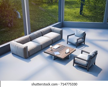 Modern Office Waiting Area With Sofa, Table And Two Armchairs. 3d Rendering