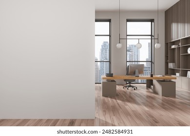 Modern office with wooden furniture, minimalist design, city view through large windows, bright space, concept of workspace. 3D Rendering - Powered by Shutterstock