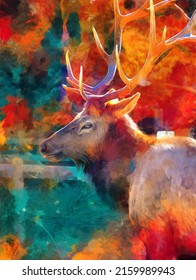 Modern Oil Painting Of Colorful Deer, Artist Collection Of Animal Painting For Decoration And Interior, Canvas Art, Abstract.