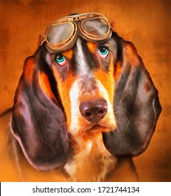 Modern Oil Painting Of Cute Brown Schweizer Laufhund Dog With Pilot Helmet Artist Collection Of Animal Painting For Decoration And Interior, Canvas Art, Abstract, Illustration. Vintage Glasses