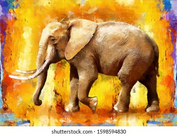 modern oil painting of elephant, artist collection of animal painting for decoration and interior, canvas art, abstract elephant on colorful background