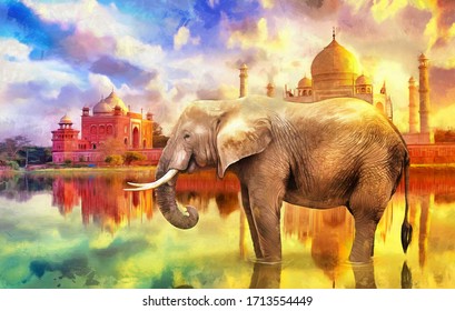 Modern Oil Painting Of Elephant With 
Taj Mahal Sunset Colorful Background, Artist Collection Of Animal Painting For Decoration And Interior, Canvas Art, Abstract. India