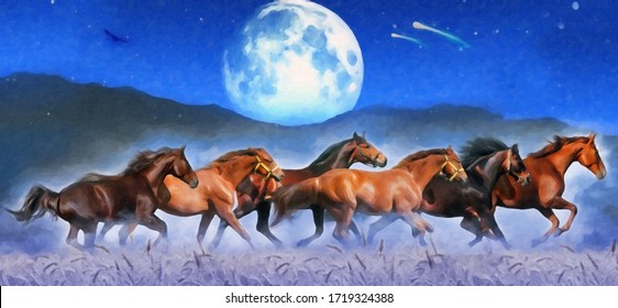 modern oil painting of horses with Wheat and the moon in the skybackground, artist collection of animal painting for decoration and interior, canvas art, abstract,Digital painting with blue background