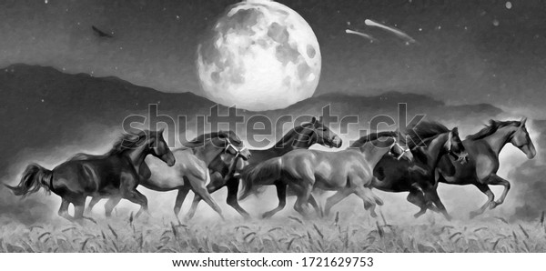 modern oil painting of black and white horse mural wallpaper, Wheat field and moon in sky, artist collection of animal painting for decoration and interior, canvas art, and abstract.