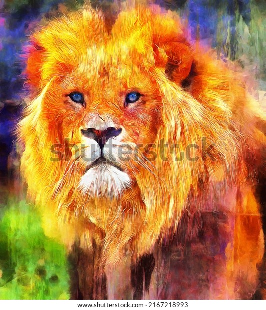 modern oil painting of lion face on colorful background. artist collection of animal painting for decoration and interior, wall art.