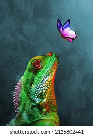 Modern Oil Painting Of Lizard And Butterfly, Artist Collection Of Animal Painting For Decoration And Interior, Canvas Art, Abstract.
