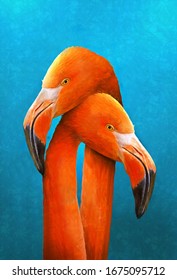 modern oil painting of lovely couple orange flamingos on blue background. artist collection of animal painting for decoration and interior, canvas art, 
